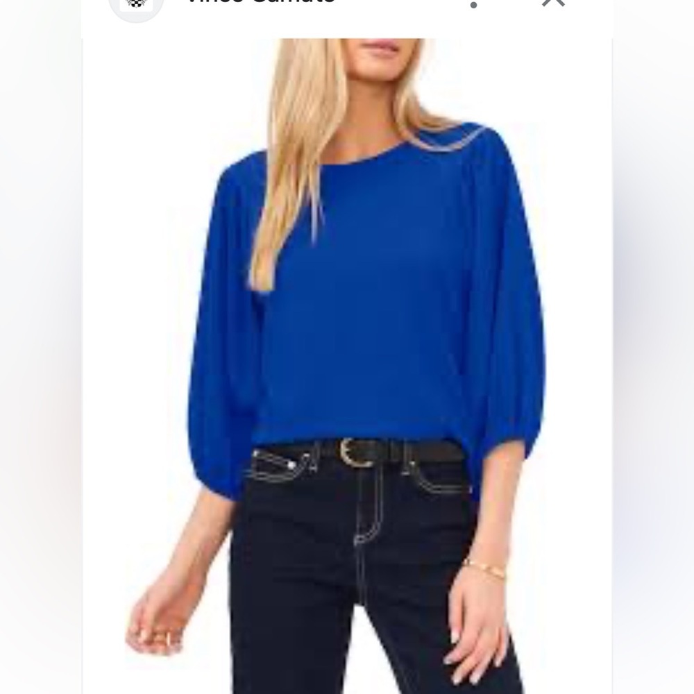 Vince Camuto Ruched sheer Puff-Sleeve Top L royal blue multimedia L